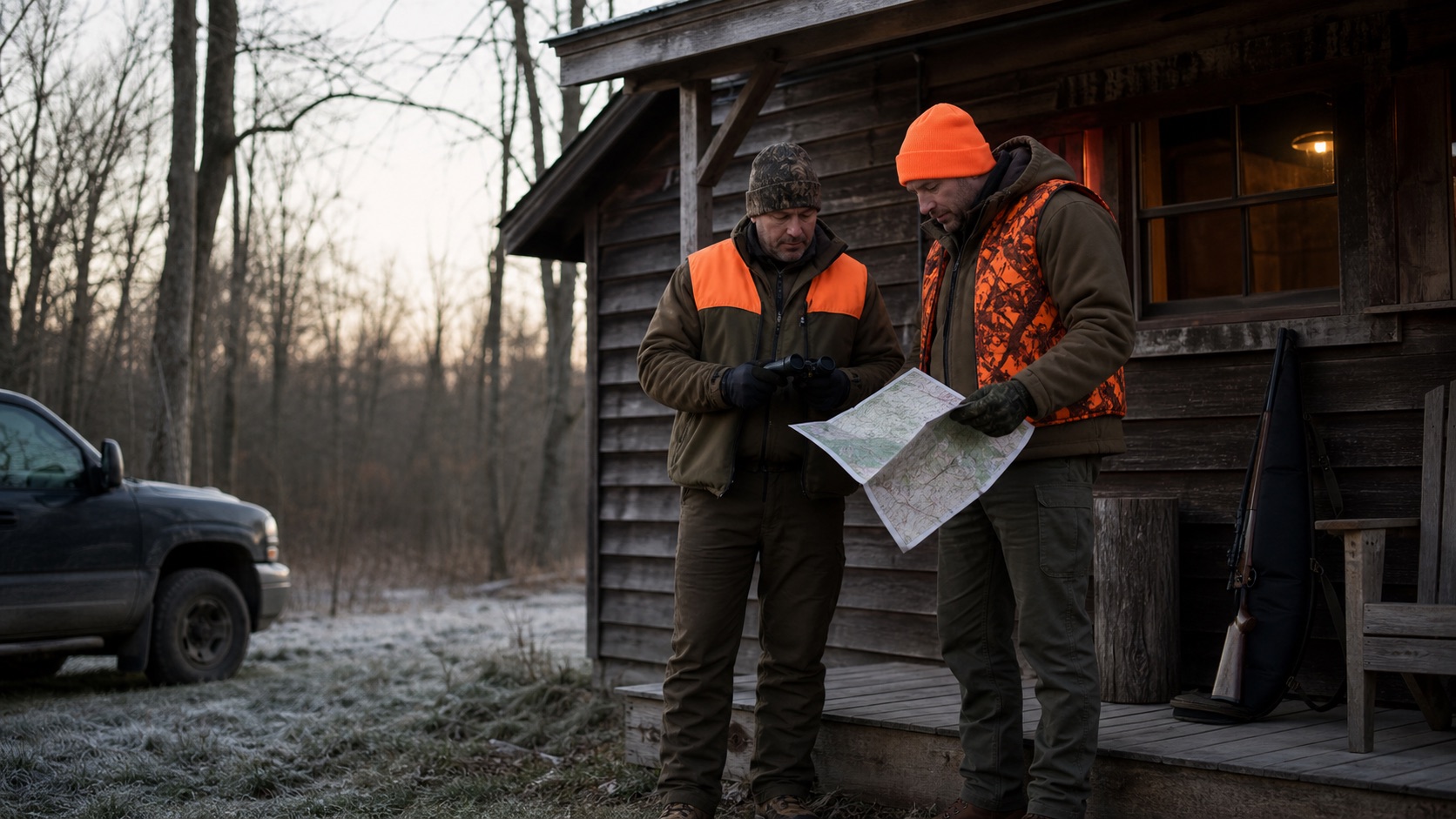 Two hunters checking a map outside a cabin